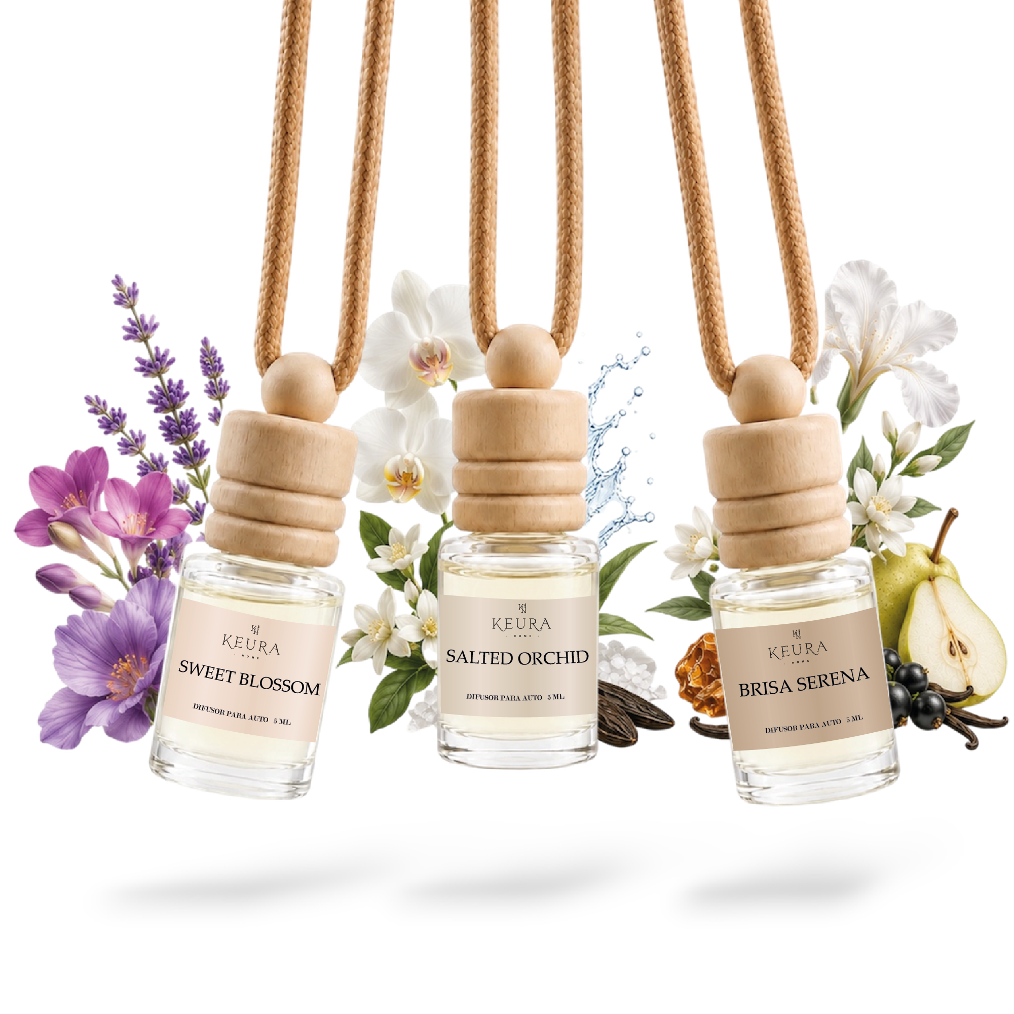 Pack de 3 Difusores para Carro | SWEET BLOSSOM, SALTED ORCHID y BRISA SERENA | Aromas Femeninos Premium | 5 ml