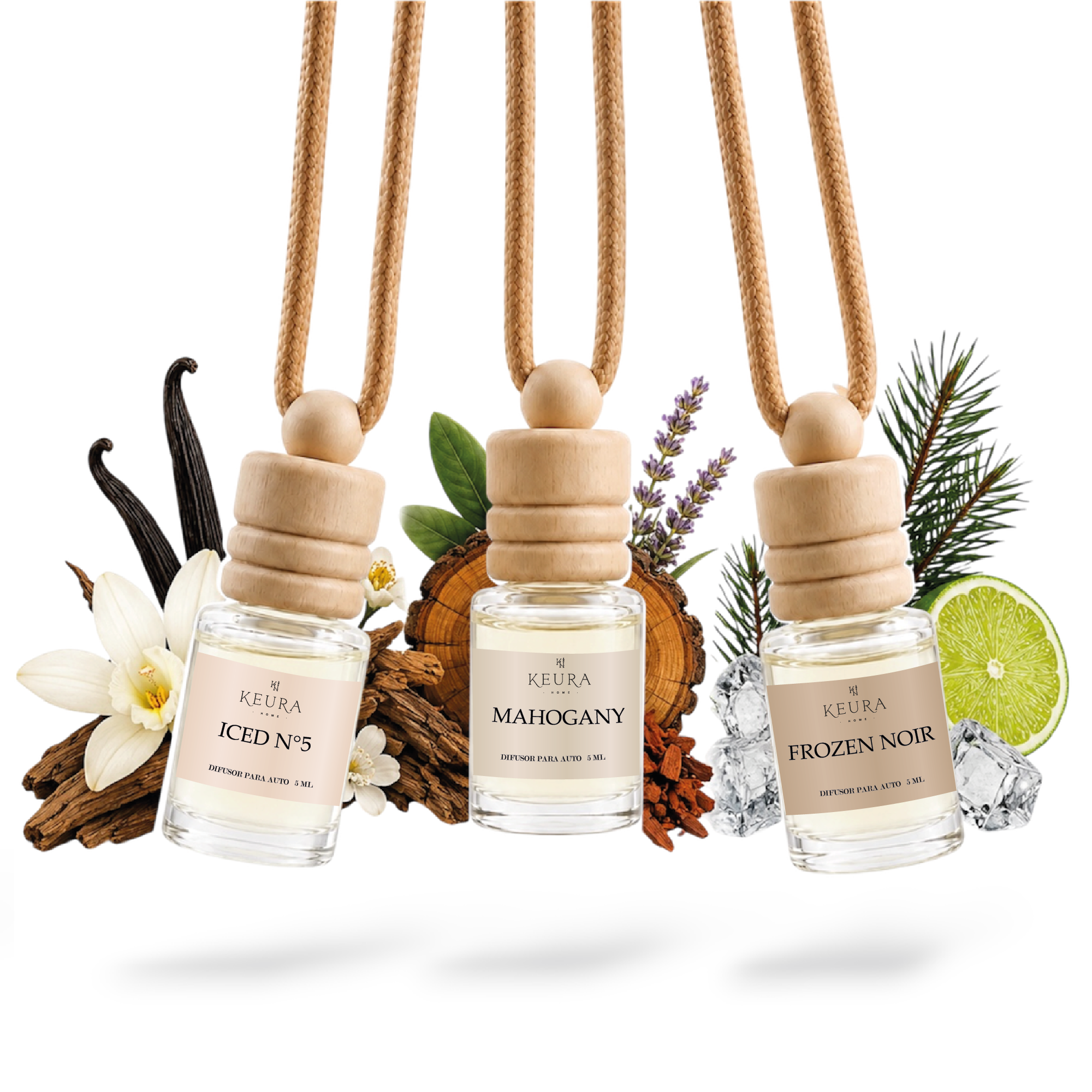 Pack de 3 Difusores para Carro | ICED N°5, MAHOGANY y FROZEN NOIR | Aromas Masculinos Premium | 5 ml