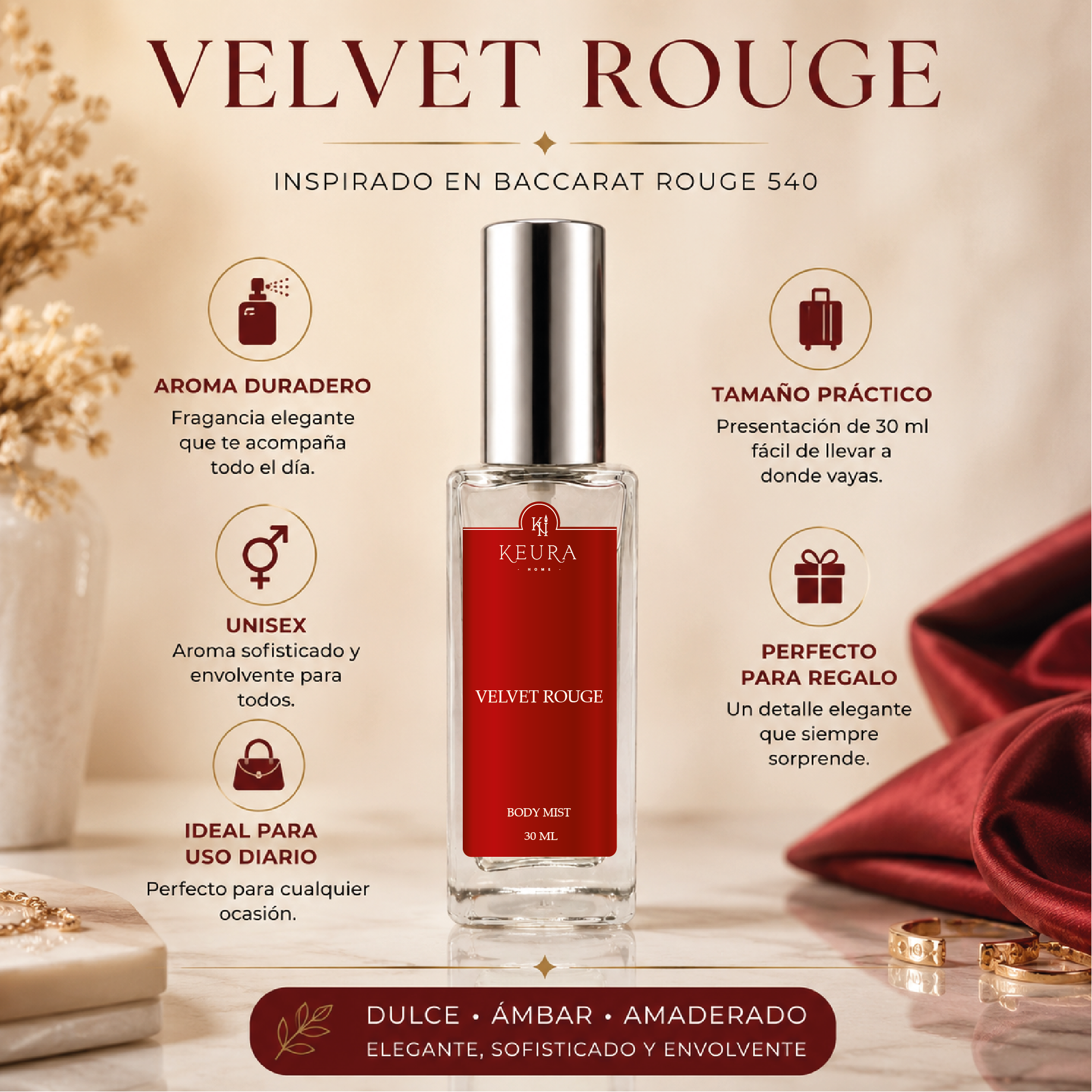 Body Mist VELVET ROUGE | Inspirado en Baccarat Rouge 540 | 30 ml